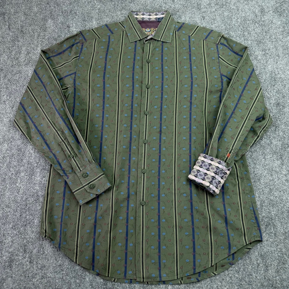 Robert Graham Shirt Mens Medium Green Striped Floral Silk Trim Button Up Shirt